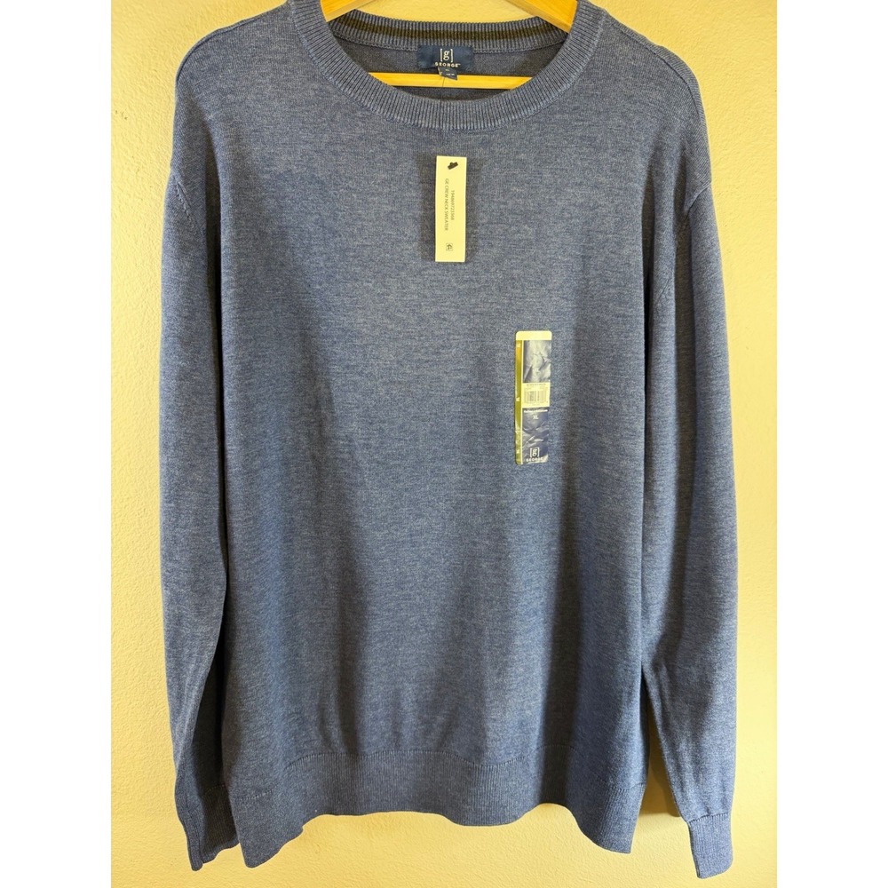 George Men's Blue Solid Cotton Acrylic Knit Crewneck Pullover Logo Sweater XL